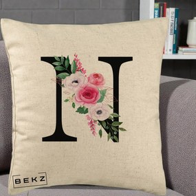 Cadou Personalizat - Perna Personalizata Monograma Florala Litera N, 40x40 cm, Bej, Husa Detasabila, Perna Inclusa, BEKZ®