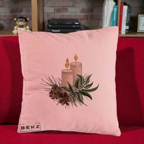 Perna Decorativa Lumanari cu Ilex si Conuri Ilustratie, 40x40 cm, Roz, Husa Detasabila, Perna Inclusa, BEKZ®