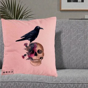 Perna Decorativa Craniu cu Corb si Flori Gothic, 40x40 cm, Roz, Husa Detasabila, Perna Inclusa, BEKZ®