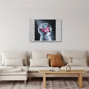 Tablou pe sticlă - Fluture roz în perete (70x50 cm)