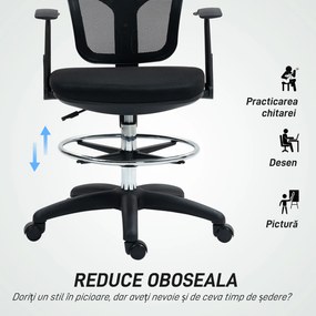 HOMCOM Scaun de Birou Rotativ cu Inel pentru Sprijinirea Picioarelor și Spătar Curbat, 55x58x94 cm, Negru | Aosom Romania