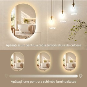 HOMCOM Oglindă de Baie cu LED 50 x 70 cm, Fără Ramă, 3 Culori Reglabile | Aosom Romania