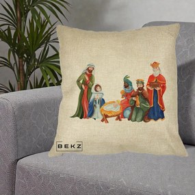 Perna Decorativa Nasterea Domnului Cei Trei Magi Acuarela, 40x40 cm, Crem, Husa Detasabila, Perna Inclusa, BEKZ®