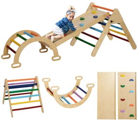 AIYAPLAY Set de Cățărat 5 în 1 cu Triunghi Montessori, Arcadă și Rampă cu Pietre, 178x64,5x63 cm, Multicolor | Aosom Romania