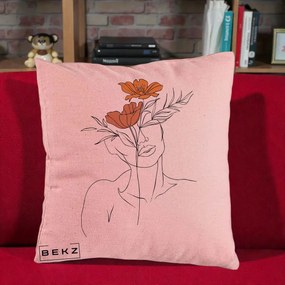 Perna Decorativa Portret Feminin Doua Flori, 40x40 cm, Roz, Husa Detasabila, Perna Inclusa, BEKZ®