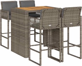 vidaXL Set mobilier bar de grădină, cu perne, 5 piese, gri, poliratan