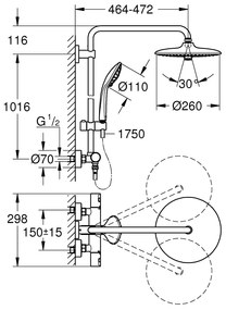 Coloana dus Grohe Vitalio Joy,palarie 260mm, termostat,crom, 3 tipuri jet-27298002