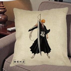 Perna Personalizata Bleach Ichigo Kurosaki Zangetsu, 40x40 cm, Crem, Husa Detasabila, Perna Inclusa, BEKZ®