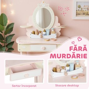 AIYAPLAY Set Masă de Toaletă pentru Copii cu Oglindă și Scaunel, 7 Accesorii de Joc, Sertar, Depozitare pe Birou, Roz | Aosom Romania
