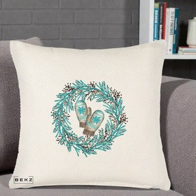 Perna Decorativa Coroana Turcoaz cu Manusi, 40x40 cm, Crem Reliefat, Husa Detasabila, Perna Inclusa, BEKZ®