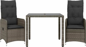 vidaXL Set bistro de grădină cu perne, 3 piese, gri, poliratan