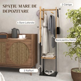 HOMCOM Cuier de Podea Autoportant cu Bară Centrală, 4 Bare Laterale, 2 Cârlige și 2 Rafturi, 46x28,5x153,5 cm, Negru | Aosom Romania