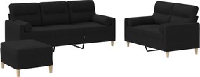 vidaXL Set de canapele cu perne, 3 piese, negru, textil