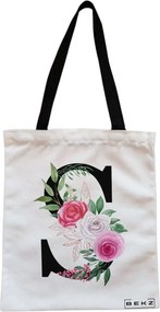Sacosa de Panza pentru Cumparaturi, Geanta Tote, Cu litera S si Trandafiri, Cu fermoar, 38x34.5 cm, Alba, BEKZ®