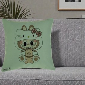 Perna Personalizata Labubu x Hello Kitty Maro-Vintage, 40x40 cm, Verde, Husa Detasabila, Perna Inclusa, BEKZ®