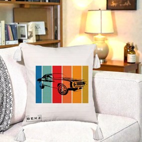 Perna Personalizata Masina Retro Muscle Car Grafic, 40x40 cm, Bej cu Franjuri, Husa Detasabila, Perna Inclusa, BEKZ®