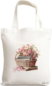 Sacosa de Panza pentru Cumparaturi, Geanta Tote, model Books and flowers 3 38 x 34.5 cm, Alba, BEKZ®