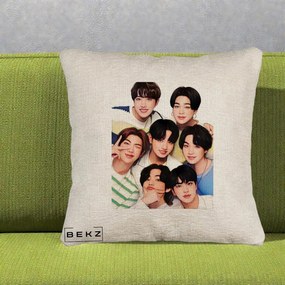 Perna Personalizata K-pop BTS Bangtan Boys Portret Grup Fanart, 40x40 cm, Bej Canapea, Husa Detasabila, Perna Inclusa, BEKZ®