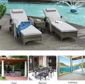 Outsunny Set de 2 șezlonguri mari confortabile : saltea, tetieră, spătar reglabil pe multiple poziții, cotiere, roți + măsuță joasă cu blat din sticlă securizată și rășină împletită gri | Aosom Romania