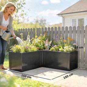 Outsunny Pat înălțat în formă de L pentru flori, rezistent la intemperii, pat de plantare/seră timpurie din oțel zincat 150 x 150 x 55 cm Negru | Aosom Romania