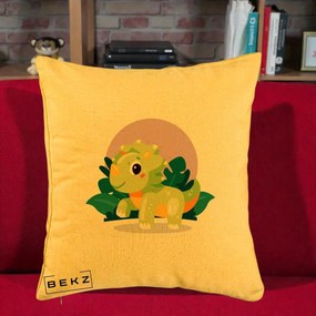 Perna Decorativa Triceratops Kawaii Verde, 40x40 cm, Galben, Husa Detasabila, Perna Inclusa, BEKZ®