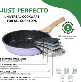 Set de oale si tigai Just Perfecto JL-34, 13 piese, Aluminiu, Acoperire din marmura, Capace din sticla cu orificiu pentru abur, Fara PTFE si PFOA, Inductie, Violet/bej