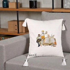 Perna Decorativa Grimoire Vrajitoare si Filtre Magice Halloween, 40x40 cm, Bej cu Franjuri, Husa Detasabila, Perna Inclusa, BEKZ®