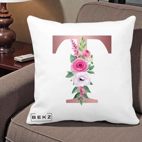 Cadou Personalizat - Perna Personalizata Monograma Rose Gold Litera T, 40x40 cm, Alba Mata, Husa Detasabila, Perna Inclusa, BEKZ®