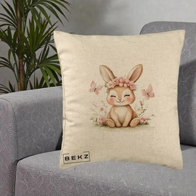 Perna Decorativa Iepuras cu Coronita Florala Roz, 40x40 cm, Bej, Husa Detasabila, Perna Inclusa, BEKZ®