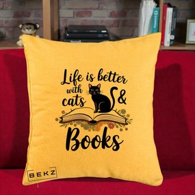 Perna Personalizata Life is Better Cats and Books, 40x40 cm, Galben, Husa Detasabila, Perna Inclusa, BEKZ®