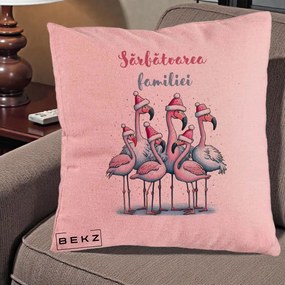 Perna Decorativa Flamingo Craciun Sarbatoarea Familiei, 40x40 cm, Roz, Husa Detasabila, Perna Inclusa, BEKZ®