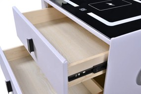Noptiera SMART Multifunctionala, iluminare LED tactil cu 3 culori, incarcare wireless si USB, difuzor Bluetooth, 2 sertare, Alb