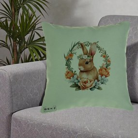 Perna Decorativa Iepuras Floral Coronita Acuarela, 40x40 cm, Verde, Husa Detasabila, Perna Inclusa, BEKZ®