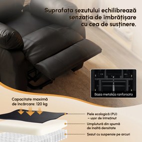 Fotoliu rabatabil HOMCOM cu funcții de masaj și încălzire, cu sistem electric de ridicare, tetieră reglabilă și port USB, din piele ecologică (PU), negru | Aosom Romania