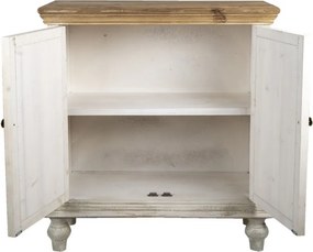 Comodă cu 2 uși, vintage, shabby chic, din lemn, alb, cu blat natur, raft interior și decor sculptat, 100 x 91 x 38 cm, „Fleur de Lys”
