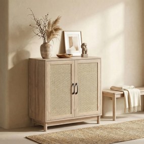 HOMCOM Bufet pentru living, mobilier de depozitare cu 2 uși din ratan, poliță reglabilă și margini rotunjite, 76 x 35 x 75,5 cm, stejar | Aosom Romania