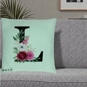 Cadou Personalizat - Perna Personalizata Monograma Florala Litera L, 40x40 cm, Verde Menta, Husa Detasabila, Perna Inclusa, BEKZ®