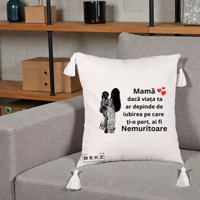 Cadou pentru Mama - Perna Personalizata Mama Nemuritoare Imbratisare, 40x40 cm, Bej cu Franjuri, Husa Detasabila, Perna Inclusa, BEKZ®