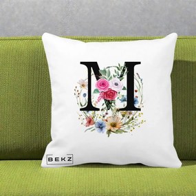 Cadou Personalizat - Perna Personalizata Monogram Litera M cu Flori Acuarela, 40x40 cm, Alba Mata, Husa Detasabila, Perna Inclusa, BEKZ®