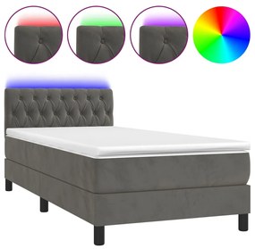 3134562 vidaXL Pat cu arcuri, saltea și LED, gri închis, 90x200 cm, catifea