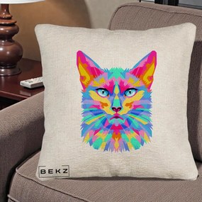 Perna Decorativa Pisica Pop Art Multicolor, 40x40 cm, Bej Canapea, Husa Detasabila, Perna Inclusa, BEKZ®