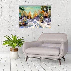 Tablou pe sticlă - Drum înzăpezit prin pădure (70x50 cm)
