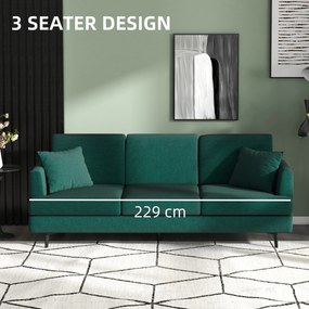 HOMCOM Canapea cu 3 locuri pentru living, canapea din material textil cu 2 perne, verde | Aosom Romania