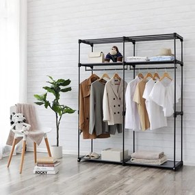 Dulap textil pentru depozitare MATIS, 140 x 174 cm, gri, cu rafturi și bară pentru umerașe