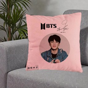 Perna Personalizata K-pop BTS Jimin Portret Cerc Autograf Geaca, 40x40 cm, Roz, Husa Detasabila, Perna Inclusa, BEKZ®