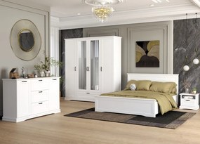 Dormitor Valencia, MDF Vopsit Alb, Dulap 4 usi si 1 Sertar, Pat 160x200, Comoda 2 Usi 3 Sertare, 2 Noptiere