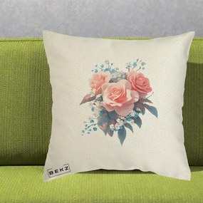 Perna Decorativa Trandafiri Roz cu Floricele Albastre, 40x40 cm, Ecru, Husa Detasabila, Perna Inclusa, BEKZ®