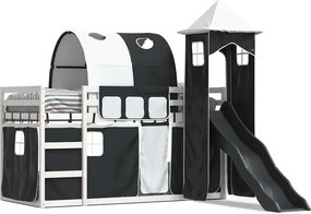 vidaXL Pat supraetajat cu tobogan și perdele, alb și negru, 90x200 cm
