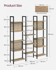 Biblioteca living, 158 x 24 x 166 cm, metal / PAL melaminat, stejar, Vasagle