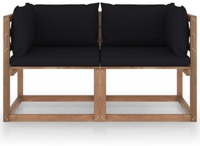 Canapea din paleti de gradina, 2 locuri, perne negre, lemn pin